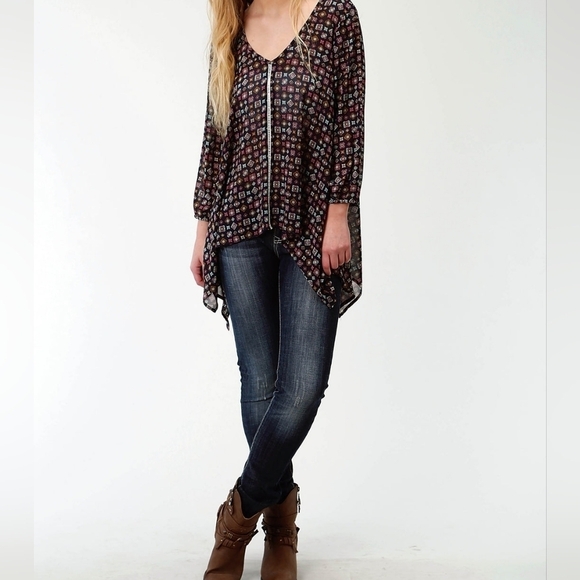 Roper Womens Blue Polyester Crochet Trim Long Sleeve Tunic Size Large - Picture 1 of 9
